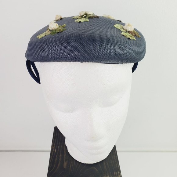 Vtg Original Touster Teentype Women's 3D Floral Blue Wicker Calot Hat Velvet Bow - Picture 7 of 12
